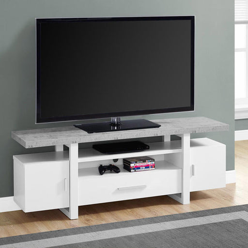 Monarch Specialties I 2725 | Meuble TV - 60" - Dessus en simili-ciment - Blanc-Sonxplus Sorel