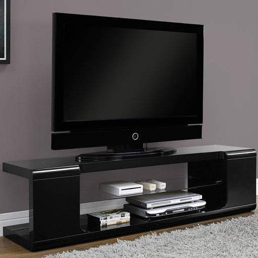 Monarch Specialties I 3536 | Meuble TV - 60" - Verre trempé - Noir lustré-Sonxplus Sorel