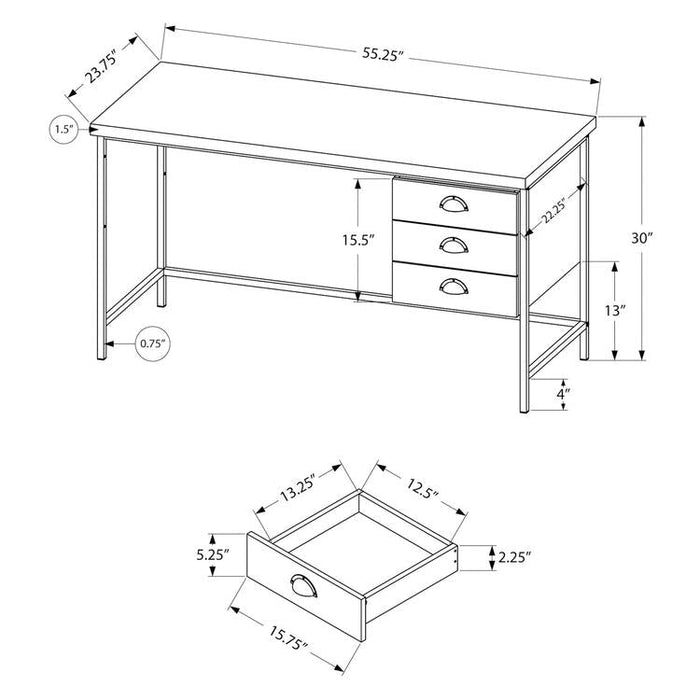 Monarch Specialties I 7485 | Meuble d'ordinateur - 55" - Spacieux dessus - 3 tiroirs - Base en Métal noir - Fini imitation de bois brun-Sonxplus Sorel