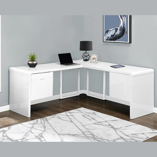 Monarch Specialties I 7582 | Meuble d'ordinateur - 70" - En coin - Conception en L - Configuration réversible - Avec tiroirs - Fini blanc lustré-Sonxplus Sorel