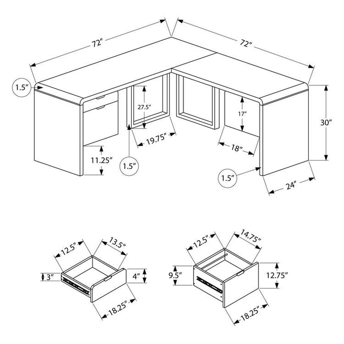 Monarch Specialties I 7582 | Meuble d'ordinateur - 70" - En coin - Conception en L - Configuration réversible - Avec tiroirs - Fini blanc lustré-Sonxplus Sorel