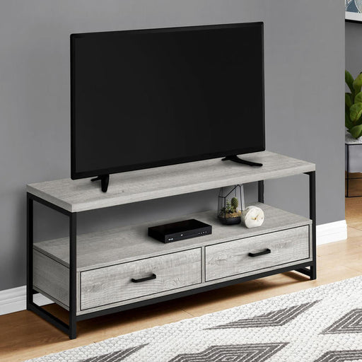 Monarch Specialties I 2871 | Meuble TV - 48" - 2 Tiroirs de rangement - Métal noir - Imitation bois Gris-Sonxplus Sorel