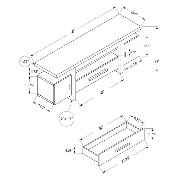 Monarch Specialties I 2725 | TV stand - 60" - Simulated cement top - White-Sonxplus Sorel